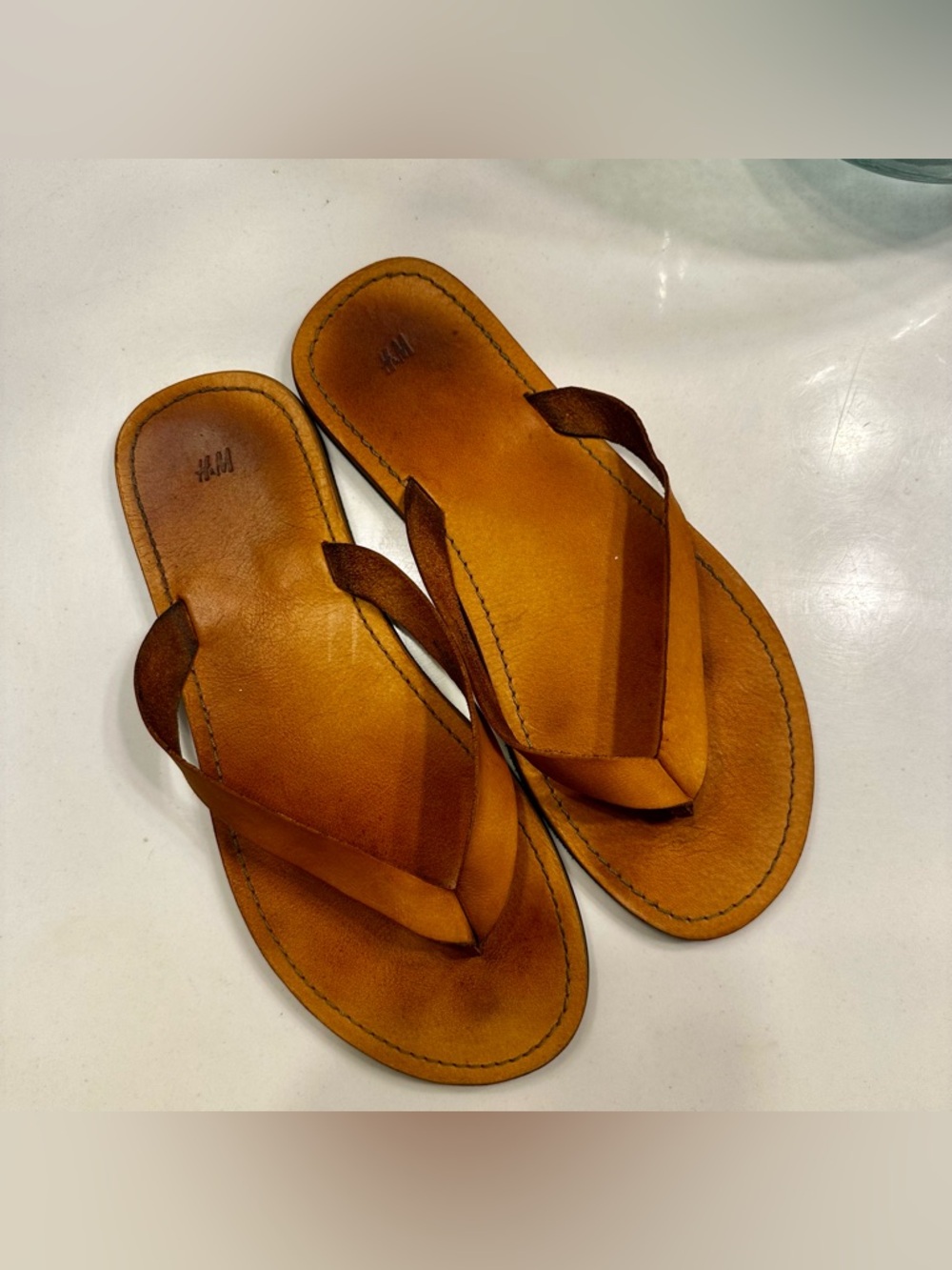 H&M Men’s Leather Flip-Flops in Cognac Brown